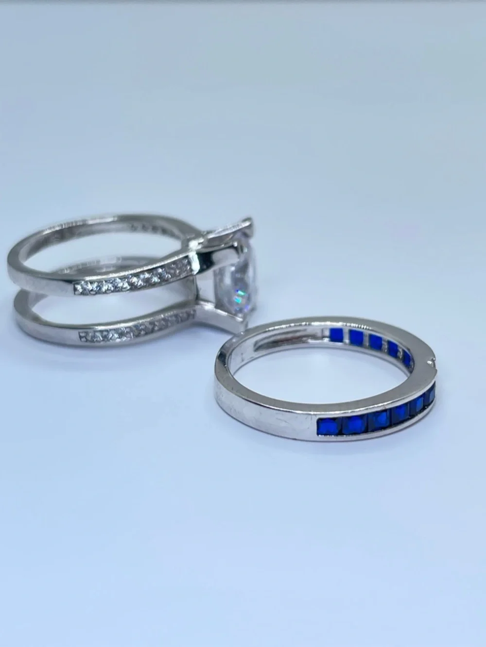 925 Sterling Silver Diamond Sapphire Bridal Wedding Ring Guard Set 5